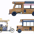 Vintage Style Food Trucks with Menu Boards Balloons Bicycle and Service Windows for Mobile Catering