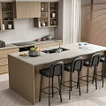 Modern Kitchen Interior With Wooden Cabinets Island Storage Shelves And Black Bar Stools