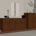 Minimalist Dark Wood Entryway Cabinet And Side Cabinet With Wall Mirror And Decor Items