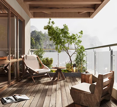 Home Balcony With Wooden Floor Cozy Chairs Coffee Table Glass Railing And Misty Mountain View 3d model
