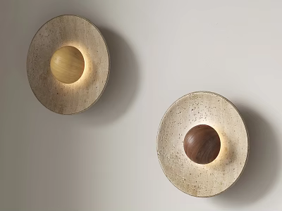 Modern Round Wall Sconces with Stone Textured Bases and Light Dark Spheres on White Wall 3d model