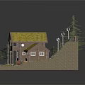 Charming Cartoon Scene With Small Cabin Yellow Roof Pine Tree Gravel Path Stones And Yard
