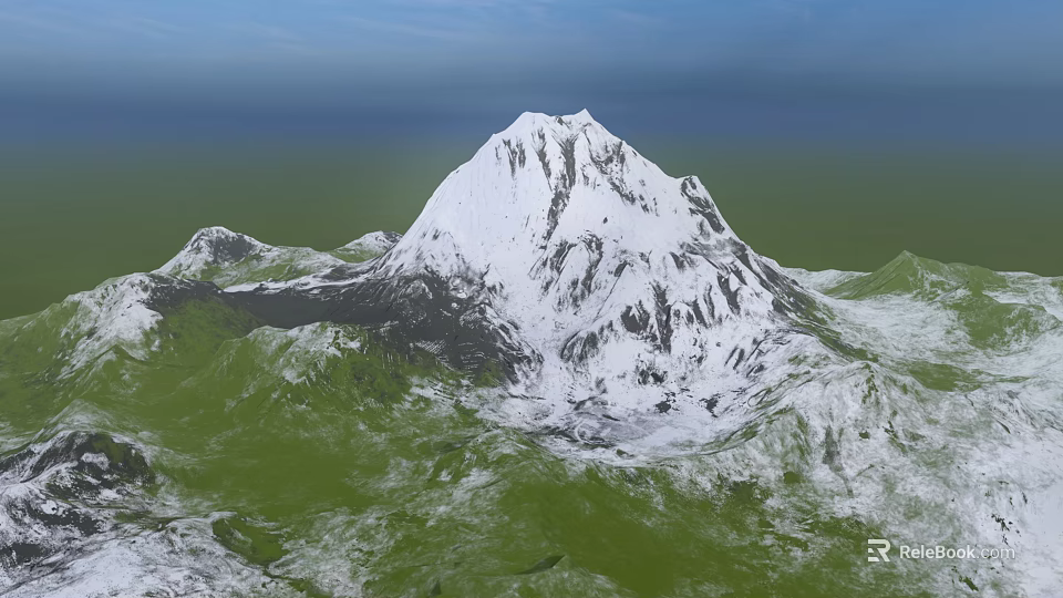 Beautiful Garden Landscape Featuring Snow Capped Mountain Green Grassland And Blue Sky 3d model 