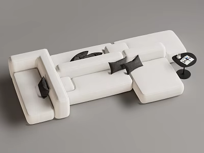 Modern White L shaped Sectional Sofa With Black Cushions And Side Table 3d model