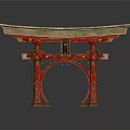 Traditional Red Japanese Torii Gate With Wooden Structure And Gold Accents
