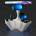 Modern Reception Desk With Curved Design Multiple Screens And Blue Lighting 3d model