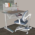 Light Beige Study Desk and Blue White Chair Set with Bookshelf and Decorative Items