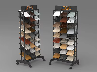 Mobile Display Racks for Showcasing Various Material Samples with Logo and Multiple Shelves 3d model