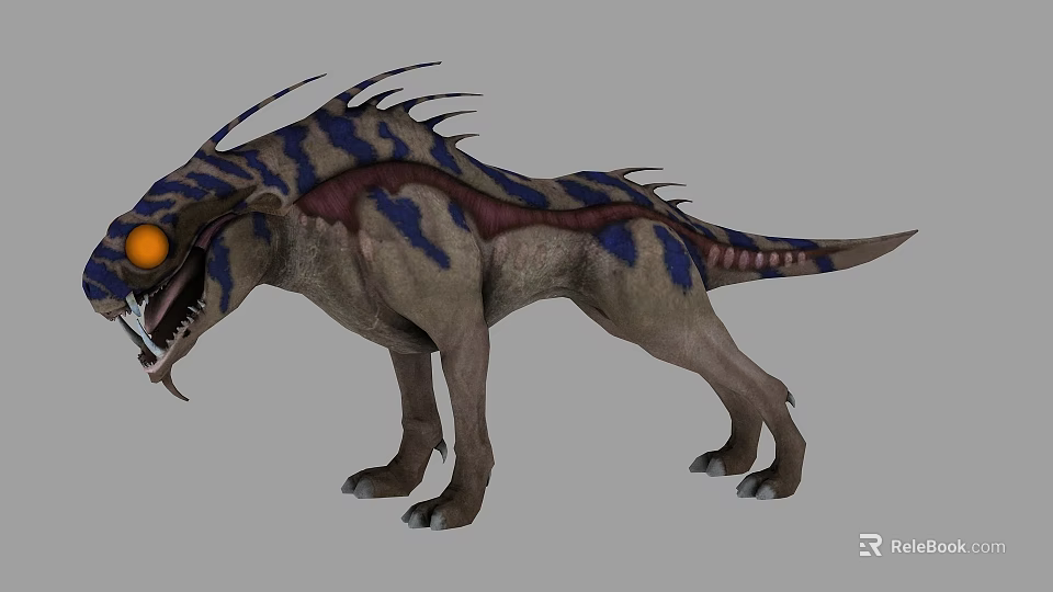 Fierce Mythical Creature With Orange Eye Blue Purple Stripes And Spiked Back 3d model 