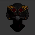 Black Sci Fi Helmet With Red Circular Lenses Yellow Geometric Patterns And Metal Components