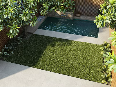 Garden Landscape With Pool Lush Plants And Green Grass Wooden Backdrop 3d model