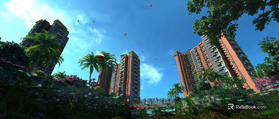 Scenic View of Tall Buildings Blue Sky White Clouds Palm Trees Garden and Pond 3d model 