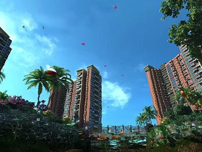 Scenic View of Tall Buildings Blue Sky White Clouds Palm Trees Garden and Pond 3d model
