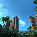 Scenic View of Tall Buildings Blue Sky White Clouds Palm Trees Garden and Pond