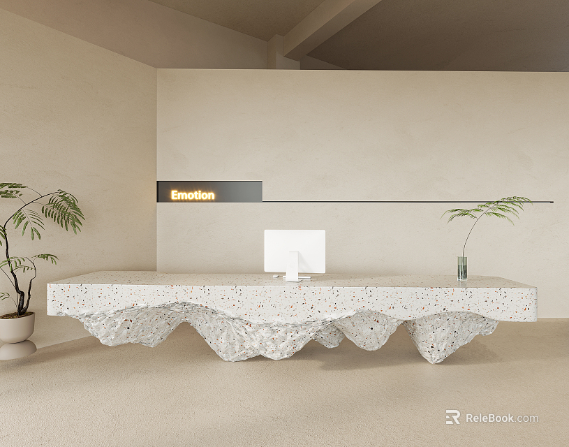 Modern Reception Desk With Terrazzo Countertop And Green Plants In Office Lobby 3d model 