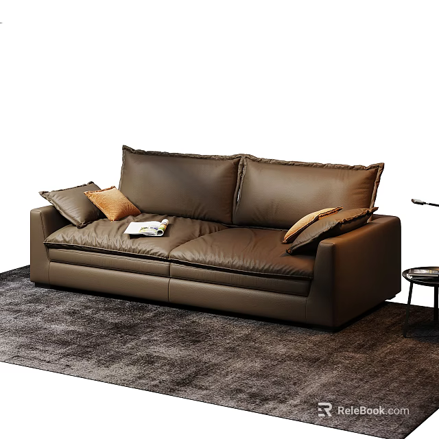 Brown Leather Two-Seater Sofa with Throw Pillows Near Side Table on Gray Rug 3d model 