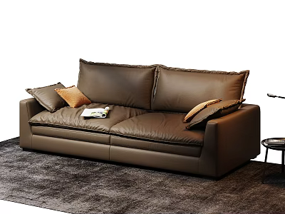 Brown Leather Two-Seater Sofa with Throw Pillows Near Side Table on Gray Rug 3d model