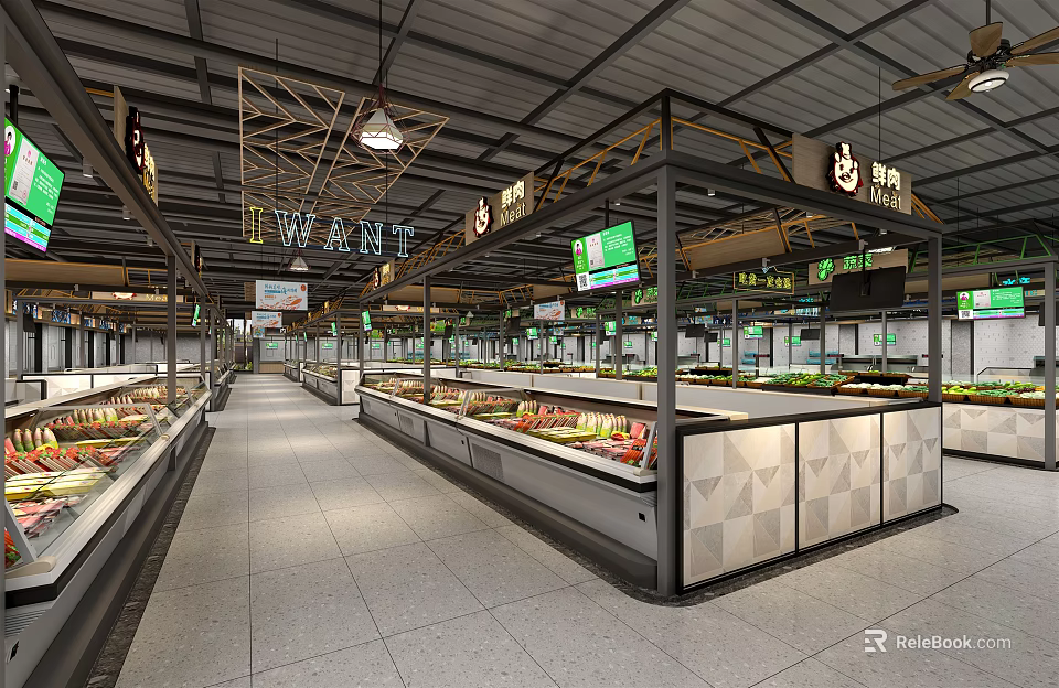 Modern Supermarket Department Store Interior With Shelves Fresh Produce And Signage 3d model 