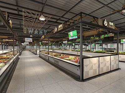 Modern Supermarket Department Store Interior With Shelves Fresh Produce And Signage 3d model