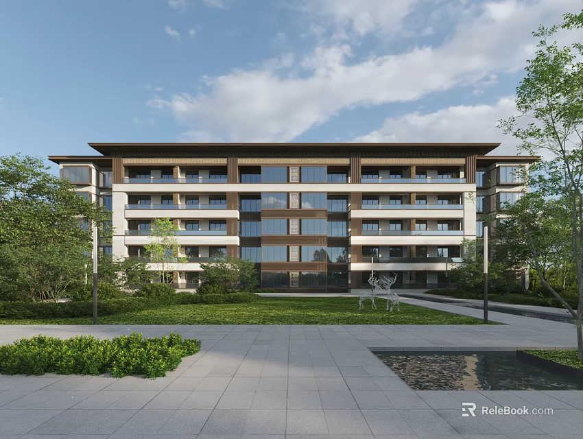 Elegant Multi storey Residential Building With Glass Curtain Wall Greenery Courtyard Stone Path And Sculpture 3d model 