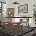 Modern Restaurant Interior Featuring Wooden Dining Table Glass Top Benches Potted Plants And Framed Painting