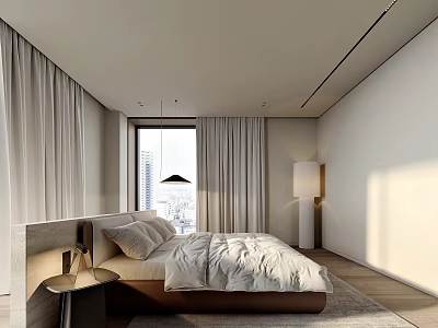 Modern Bedroom Interior With Large Bed Light Curtains Window And Wooden Floor 3d model