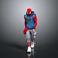 SpiderMan Character Walking Pose In Blue Hoodie Red Sleeves Gray Pants White Shoes