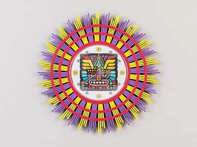 Colorful Artistic Wall Clock With Vibrant Radiating Rays And Intricate Central Pattern 3d model