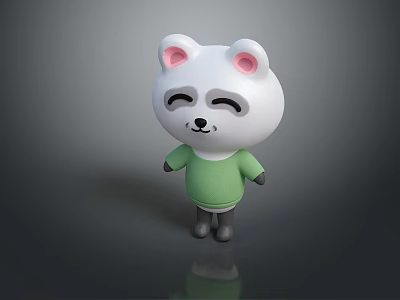 White Cartoon Bear Game And Movie Character With Pink Ears Green Shirt Smiling Closed Eyes 3d model