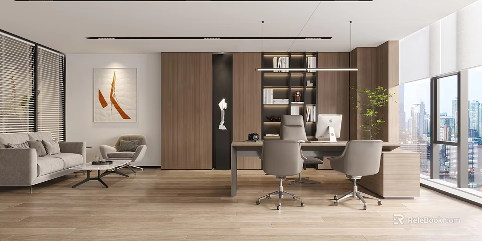 Modern Office Interior With Wooden Elements Desk Chairs Bookshelf Plant Artwork And Pendant Lights 3d model 