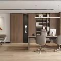 Modern Office Interior With Wooden Elements Desk Chairs Bookshelf Plant Artwork And Pendant Lights
