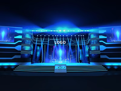 Modern Stage Setup With Blue Lighting Multiple Screens And Logo 3d model