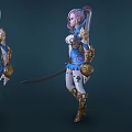 Pink Haired Female Character With Blue And Gold Armor Holding Sword Three Views