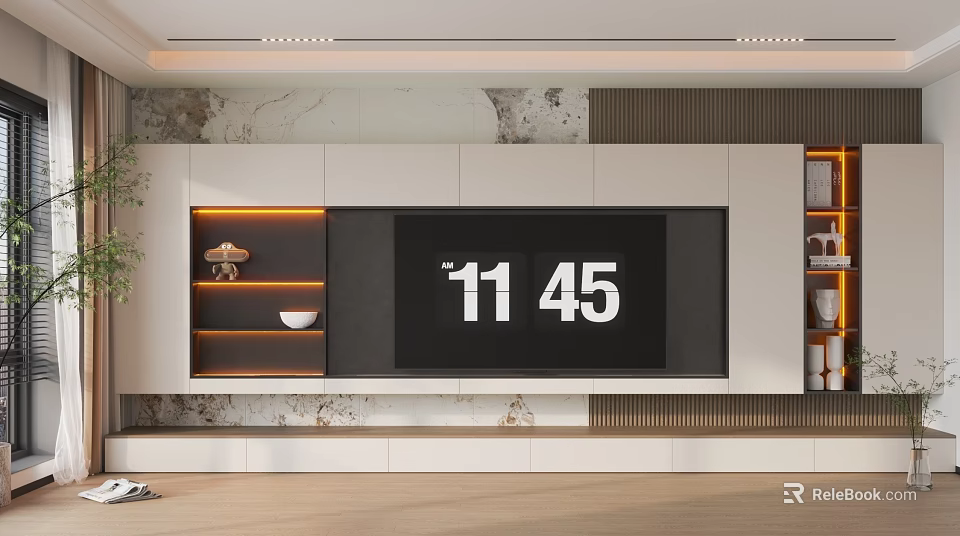 Modern TV Wall Design With Marble Panels Built-in TV And Wooden Cabinets 3d model 