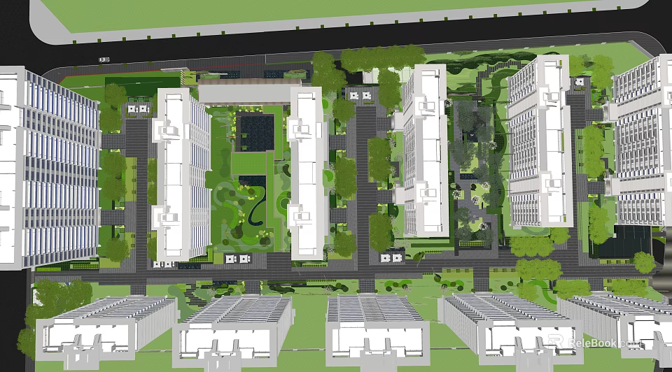 Residential Entrance Gate Design with High Rise Buildings Green Spaces and Central Courtyard 3d model 