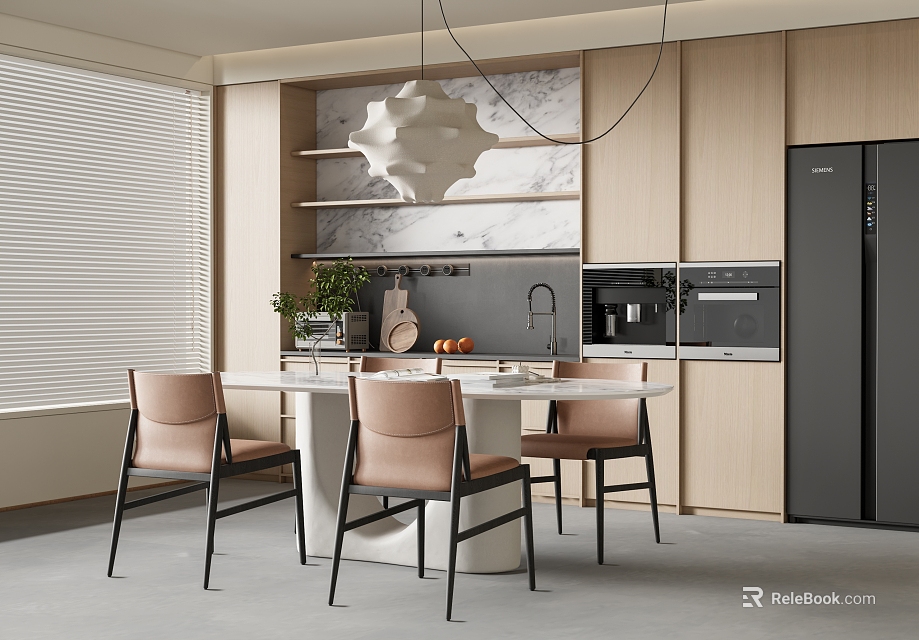 Modern Dining Table With Light Brown Chairs In Kitchen With Wooden Cabinets And Black Refrigerator 3d model 