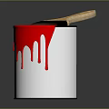 White Paint Can With Red Paint Dripping And Wooden Brush On Top