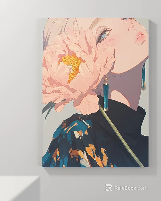 Portrait Painting Of Woman With Pink Flower Blue Earrings And Dark Clothing With Orange Patterns 3d model 