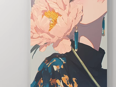 Portrait Painting Of Woman With Pink Flower Blue Earrings And Dark Clothing With Orange Patterns 3d model