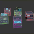 Multiple Blue Industrial Control Boxes With Buttons Displays Panels On Reflective Surface