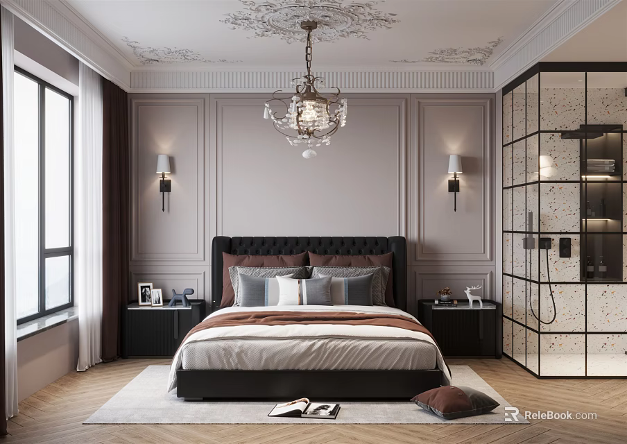 Elegant Bedroom Interior With Crystal Chandelier Paneled Walls Nightstands And Glass Partition 3d model 