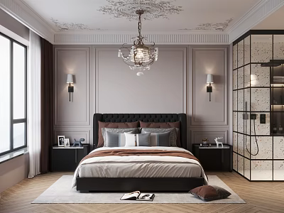 Elegant Bedroom Interior With Crystal Chandelier Paneled Walls Nightstands And Glass Partition 3d model