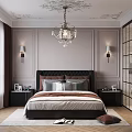 Elegant Bedroom Interior With Crystal Chandelier Paneled Walls Nightstands And Glass Partition