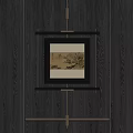 Traditional Chinese Landscape Painting on Dark Wooden Wall With Ornate Frame And Mountain Water Scenery