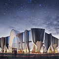 Modern Architectural Facade Design With Curved Arches Glass Curtain Wall And Lighting Effects