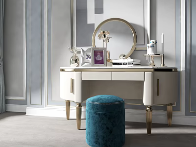 Elegant White Dressing Table with Gold Legs Round Mirror and Blue Velvet Stool 3d model