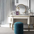 Elegant White Dressing Table with Gold Legs Round Mirror and Blue Velvet Stool