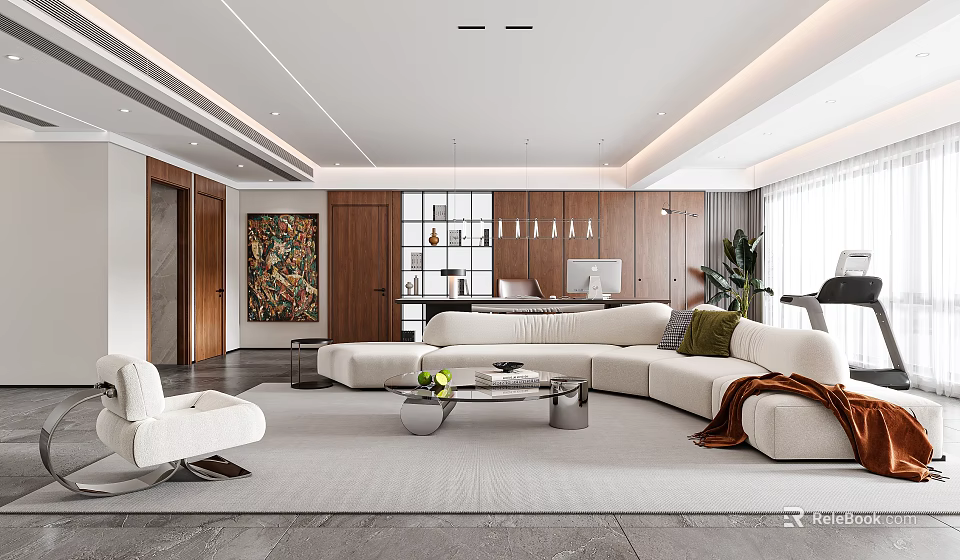 Modern Living Room With L Shaped Sofa Glass Coffee Table Pendant Lights And Abstract Painting 3d model 