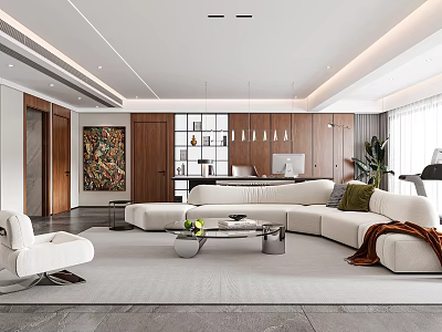 Modern Living Room With L Shaped Sofa Glass Coffee Table Pendant Lights And Abstract Painting 3d model