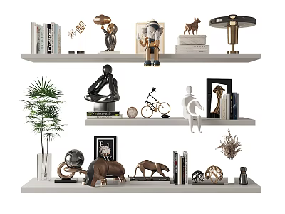 Decorative Ornament Combination on White Shelves with Sculptures Books Plant Photo Frames and Decorative Items 3d model